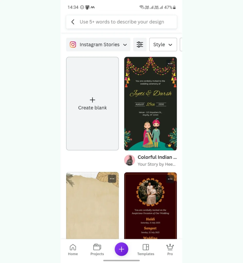 Selecting an Instagram Stories template in Canva