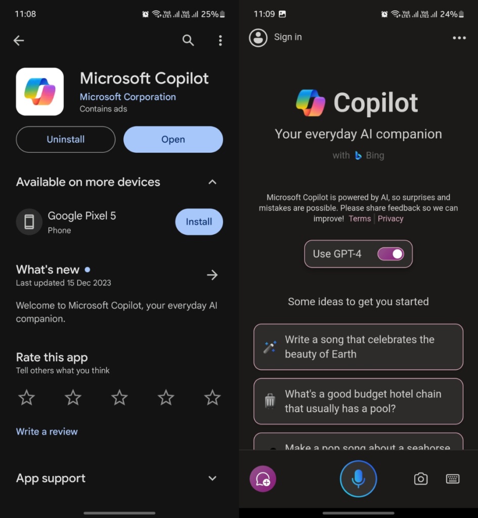 Microsoft Copilot Android app screenshot