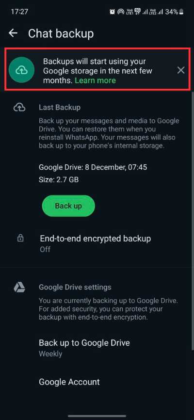WhatsApp Google Drive new backup rules