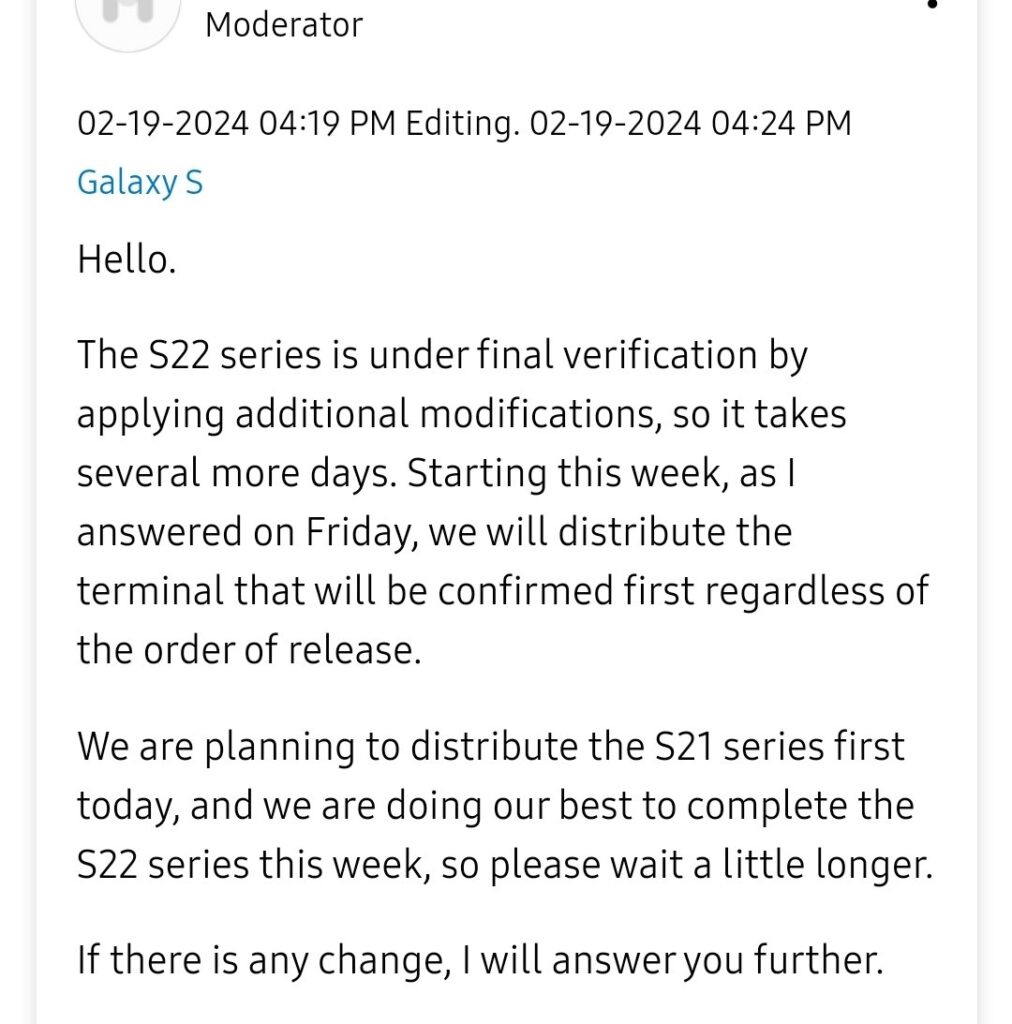 Galaxy S22 series February 2024 security update delay in South Korea