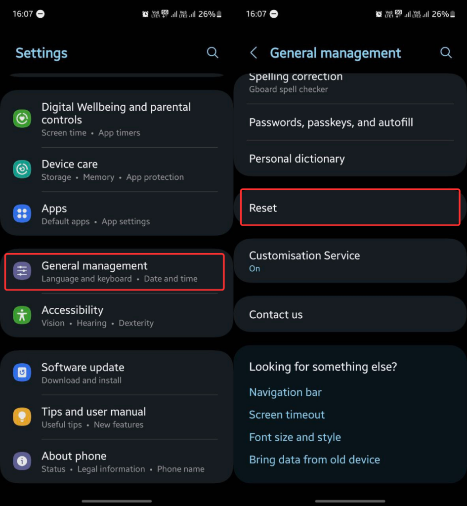 Reset option in the Settings app
