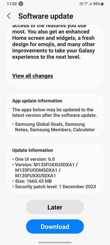 Samsung Galaxy M13 4G Android 14 One UI 6 update (India)