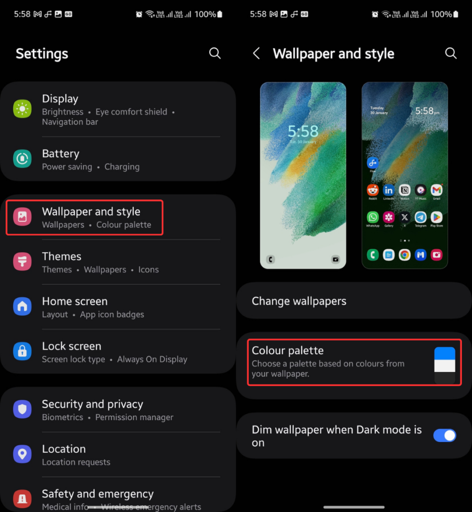 Wallpaper and style option in One UI 6