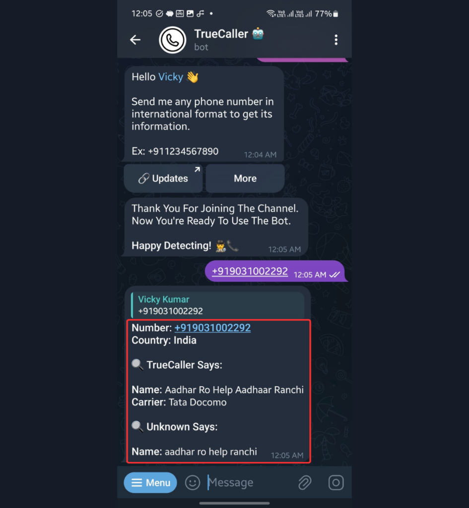 Truecaller Telegram bot phone number details