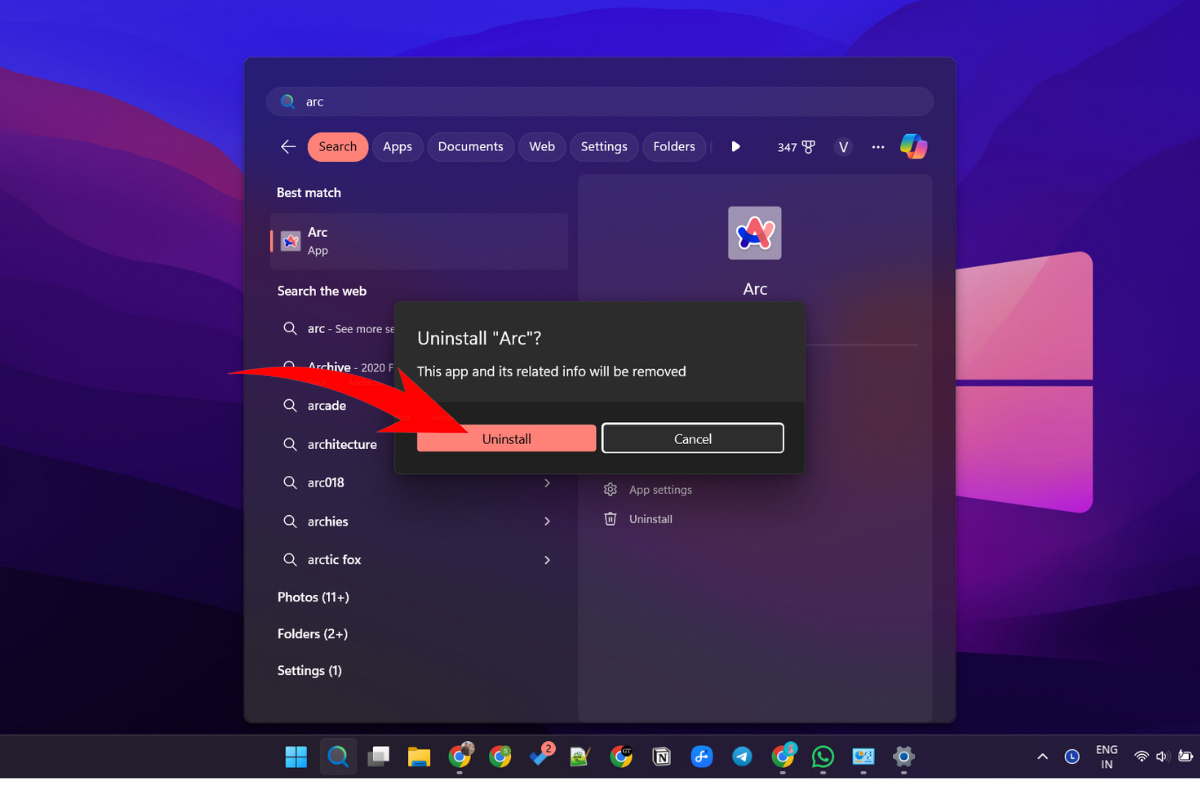 Uninstall an app in Windows from the search screen